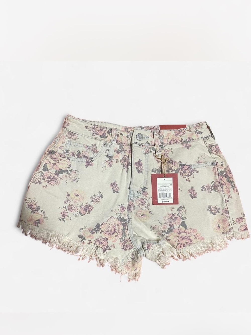 Target Floral Frayed Denim Shorts - Cream with Pink Floral